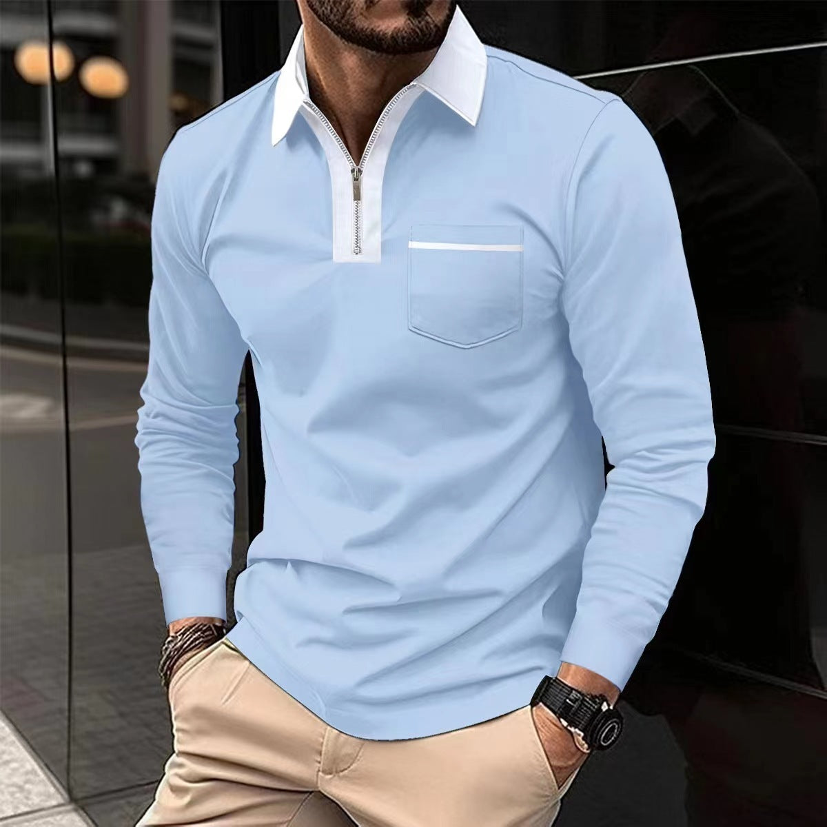 Autumn Mens Long Sleeve Zipper Polo Shirt Casual Lapel Collar Zip Up With Pockets