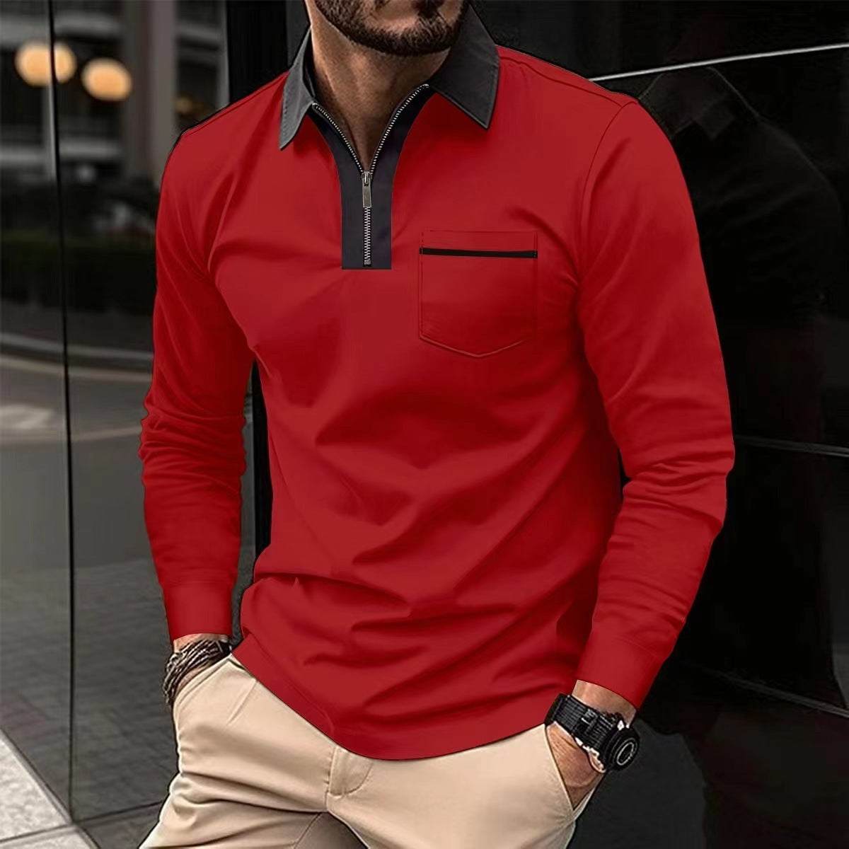 Autumn Mens Long Sleeve Zipper Polo Shirt Casual Lapel Collar Zip Up With Pockets