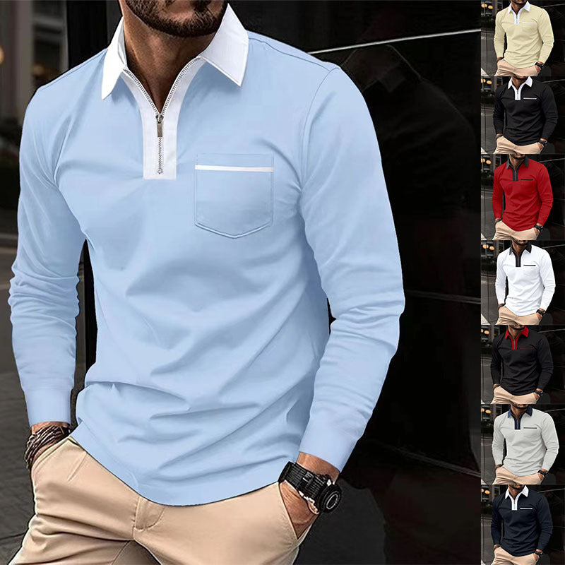 Autumn Mens Long Sleeve Zipper Polo Shirt Casual Lapel Collar Zip Up With Pockets